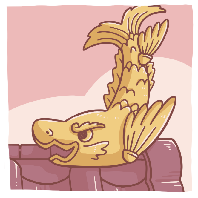 A roof ornamental piece from a castle that looks like a handsome fish