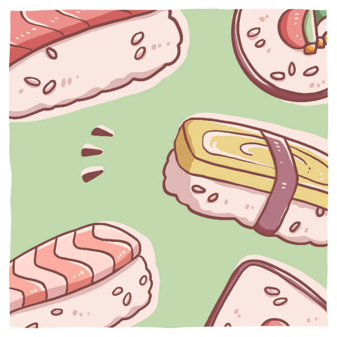 Various sushi like egg roll and salmon nigiri