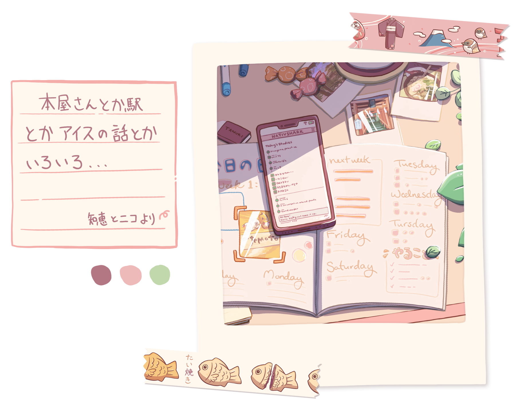 Illustrated poleroid taken of a study desk with a notebook, some scattered pictures of Japan, and a phone using NativShark to study Japanese.