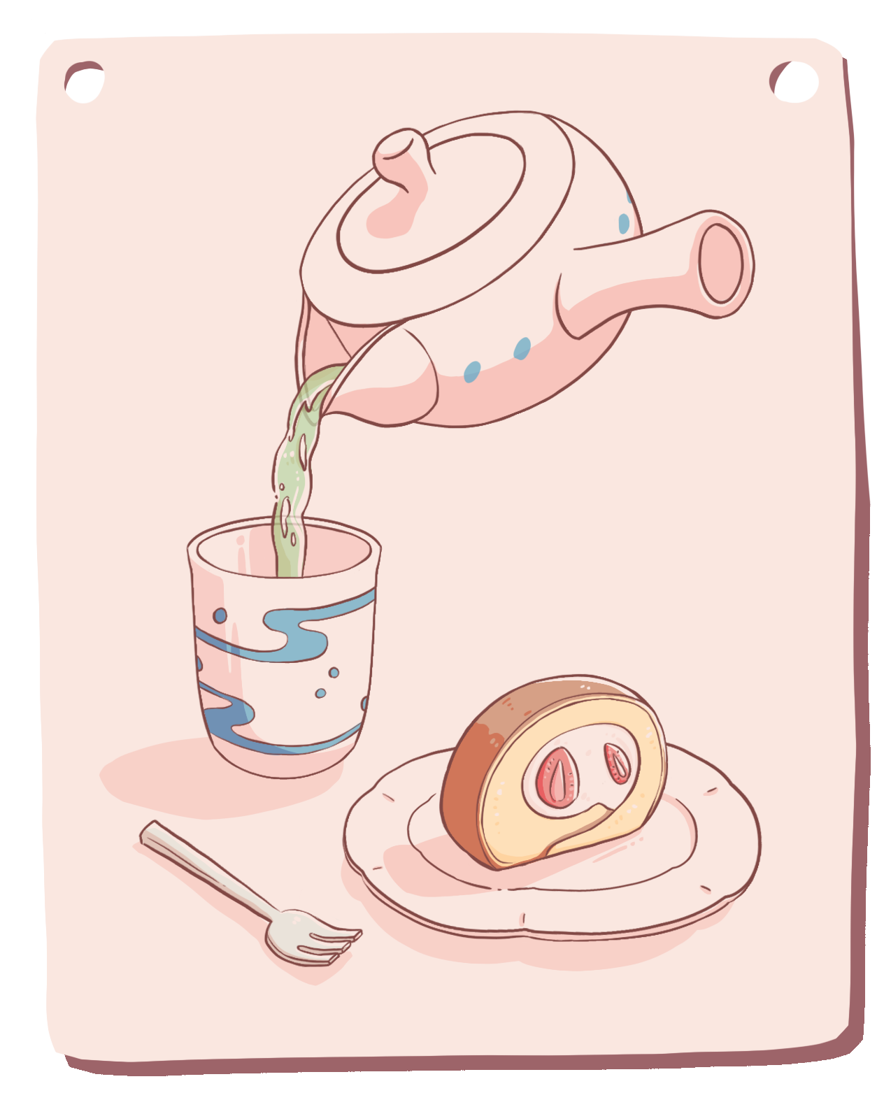 Tea pot pouring tea into a cup and a slice of strawberry rolled-cake and fork.